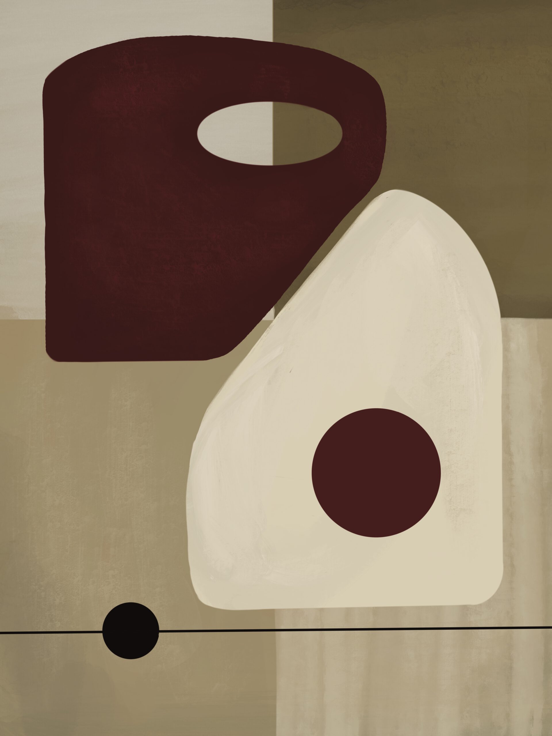 Minimalistisch abstract kunstwerk in warme beige kleuren, ontworpen om een rustige en serene sfeer in elke ruimte te creëren