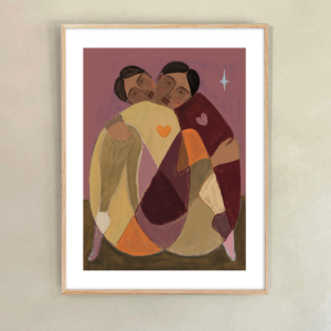 art print, poster in beige aardetinten en lichte tinten olijf groen en oud roze aubergine portret van een denkende dame