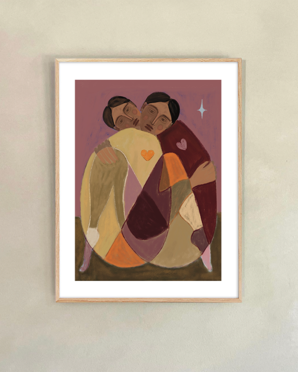 art print, poster in beige aardetinten en lichte tinten olijf groen en oud roze aubergine portret van een denkende dame