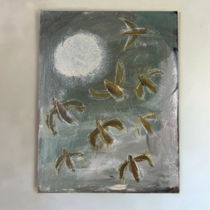 betaalbaar origineel mooi kunstwerk in groen met abstracte vogels