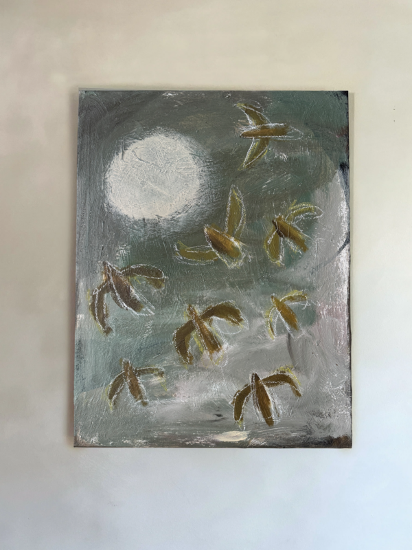 betaalbaar origineel mooi kunstwerk in groen met abstracte vogels