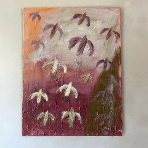 betaalbaar origineel mooi kunstwerk in oud roze, oranje, beige en groen met abstracte vogels